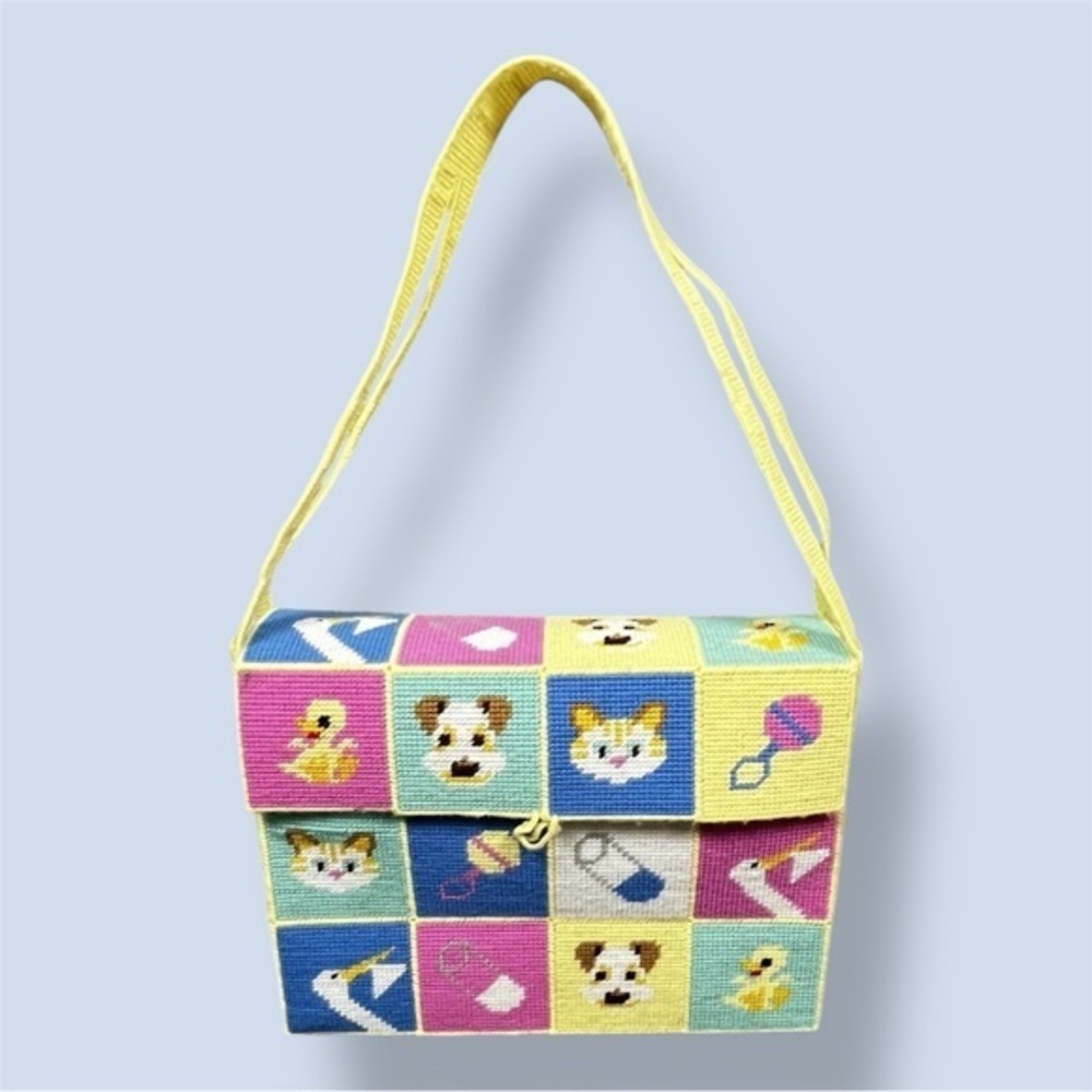 Retro Pastel Needlepoint Animal Tote Bag 1970s Nursery Kitsch Cottagecore Vibes